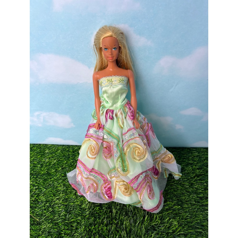 Vintage Malibu Barbie Doll Mint Green Strapless Gown Embroidered Sequin Dress
